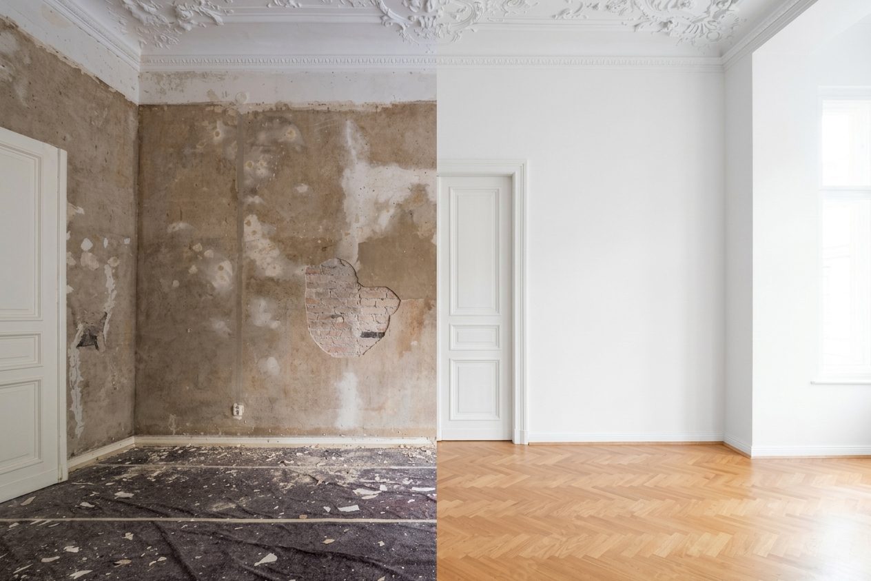 Pièce avant et après rénovation : murs dégradés d'un côté, murs blancs et parquet de l'autre