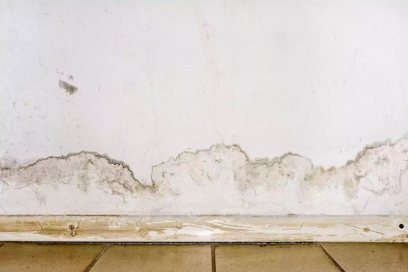 Mur et plinthe abîmés par l'humidité après un dégât des eaux