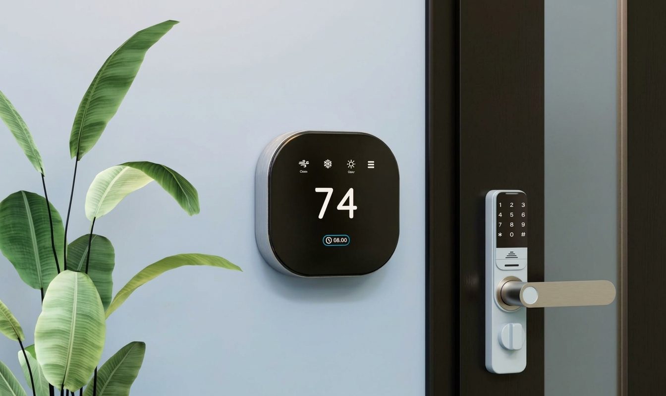 Thermostat connecté mural et serrure à code sur une porte d'entrée