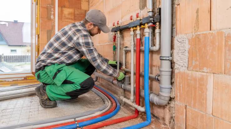 Plombier accroupi installant un réseau de canalisations